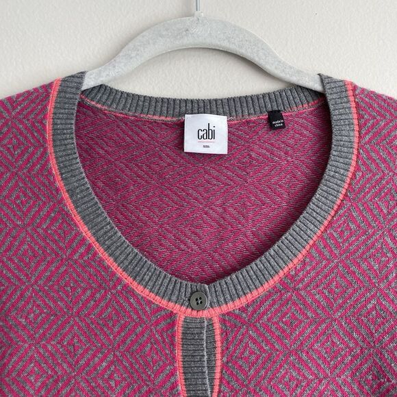 CAbi Meg Pink Gray Diamond Print Knit Women's Button Up Cardigan Sweater Size S - Picture 2 of 10